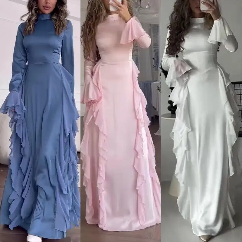 Women's Flare Sleeve Ruffle Dress Muslim Party Gowns Dubai Abaya Turkey Robe Elegant Female Robe Islamic Gown Autumn Fashion